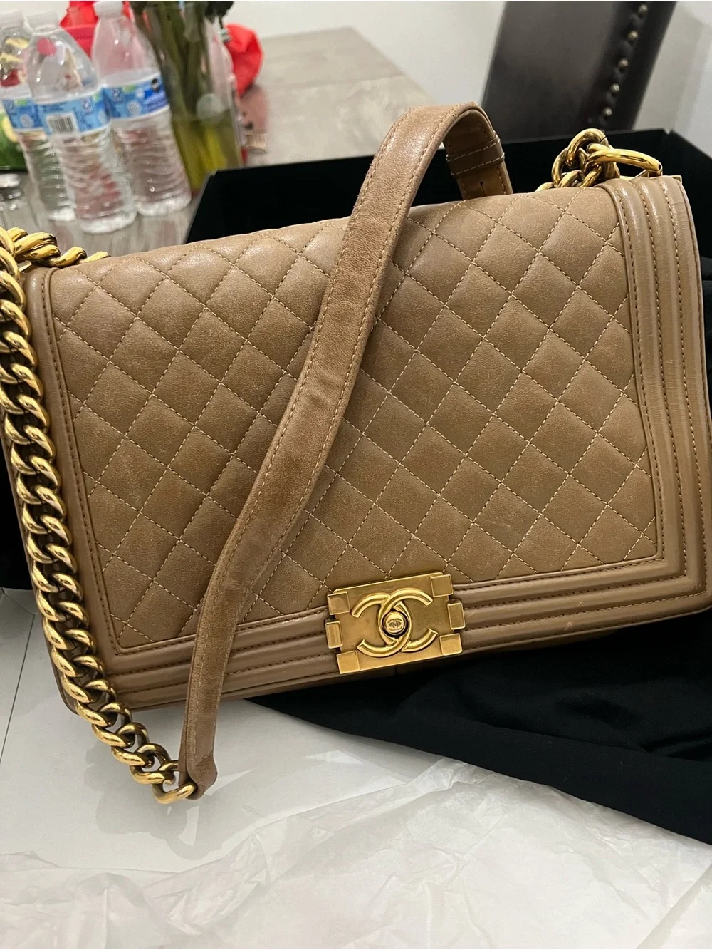CHANEL medium Boy Quilted Leather Shoulder Bag in Taupe with Gold Hardware